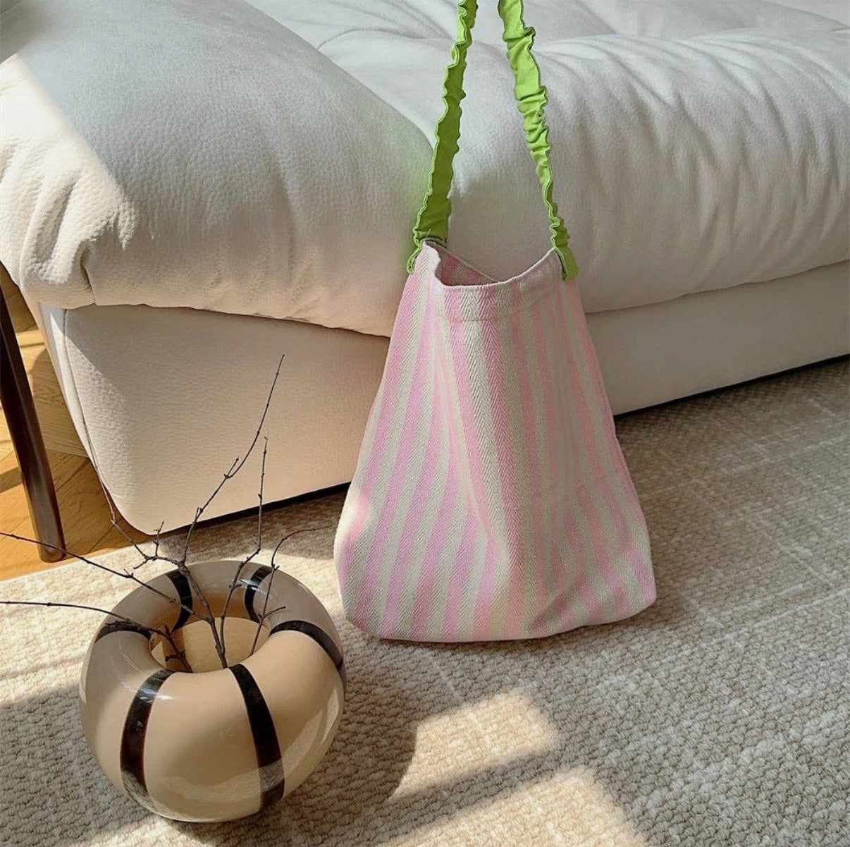 Striped Canvas Ruffle Handbag