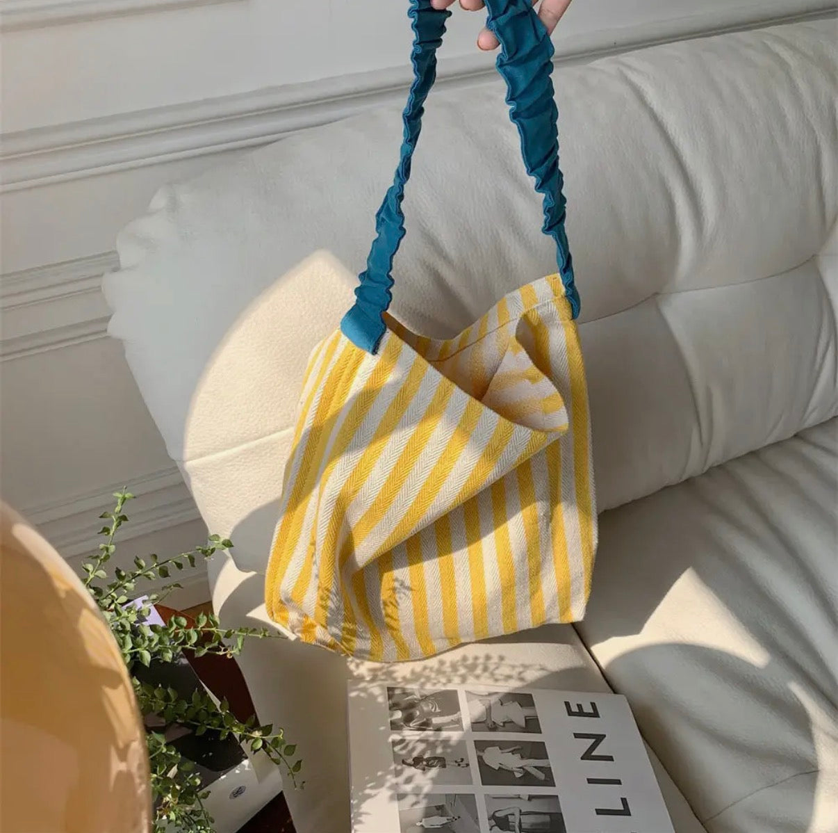 Striped Canvas Ruffle Handbag